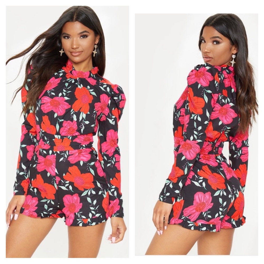 PrettyLittleThing Black & Red Floral Long Sleeve High Ruffle Neck Romper Size 2